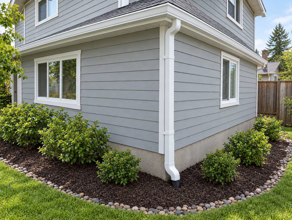 The same corner with new white fascia, a new gutter, and an oversized downspout feeding a buried drain line