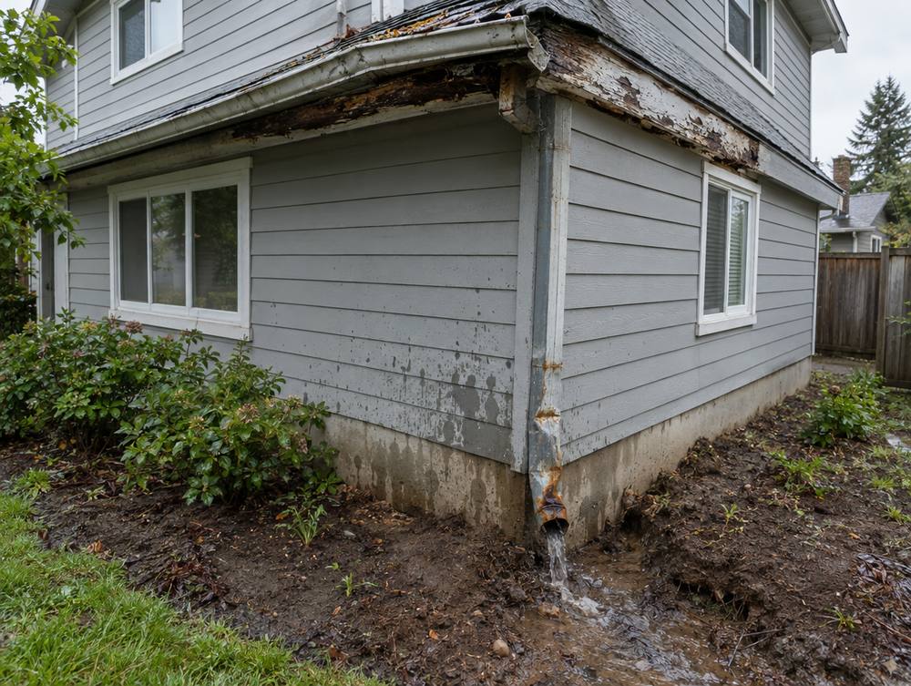Corner of a gray-sided home with a rotted fascia board and a rusted downspout dumping water onto muddy soil