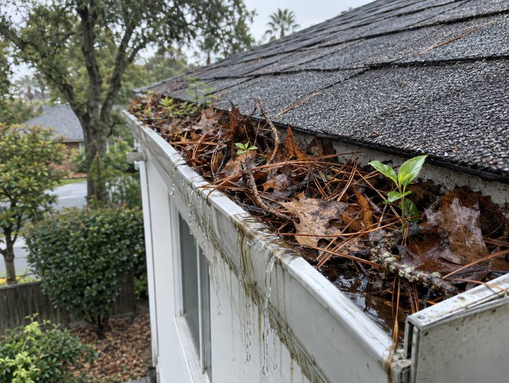 Rain gutter packed with wet leaves, pine needles, and seedlings, with water spilling over the edge